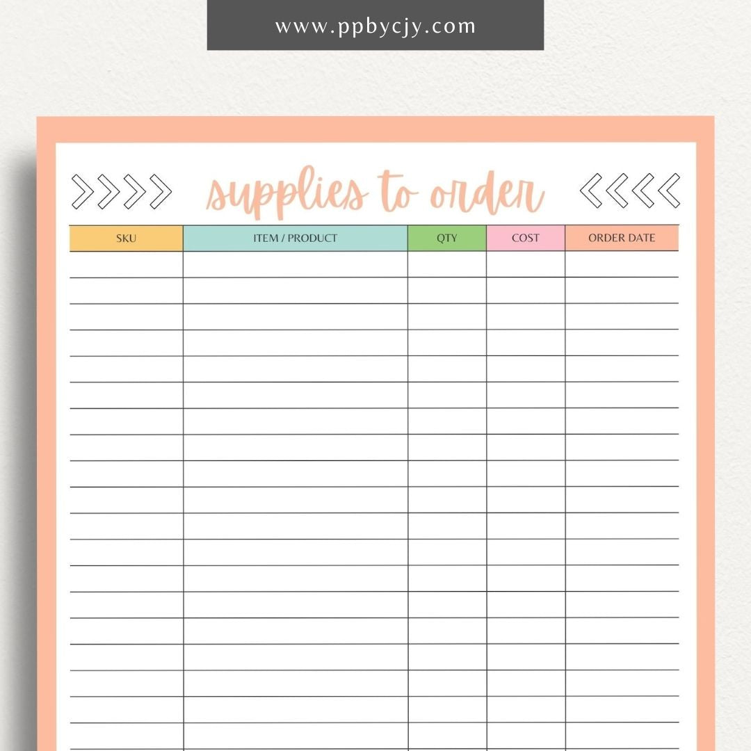 Supplies to Order Printable Template – Digital download for tracking and managing inventory needs, including items to be ordered, quantities, and order dates