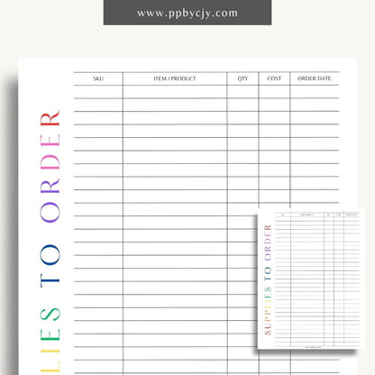 Supplies to Order Printable Template – Digital download for tracking and managing inventory needs, including items to be ordered, quantities, and order dates