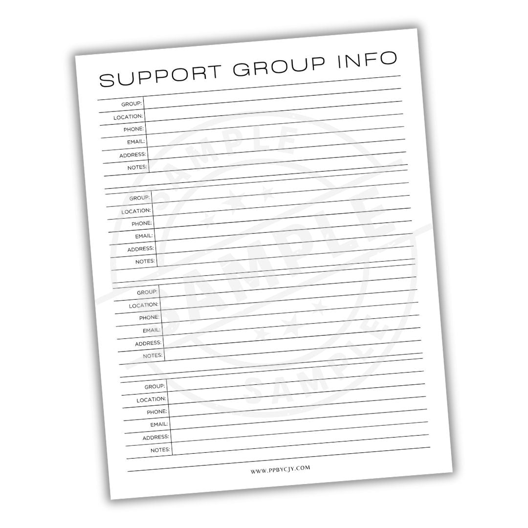 Support group information sheet with columns for details on a white background
