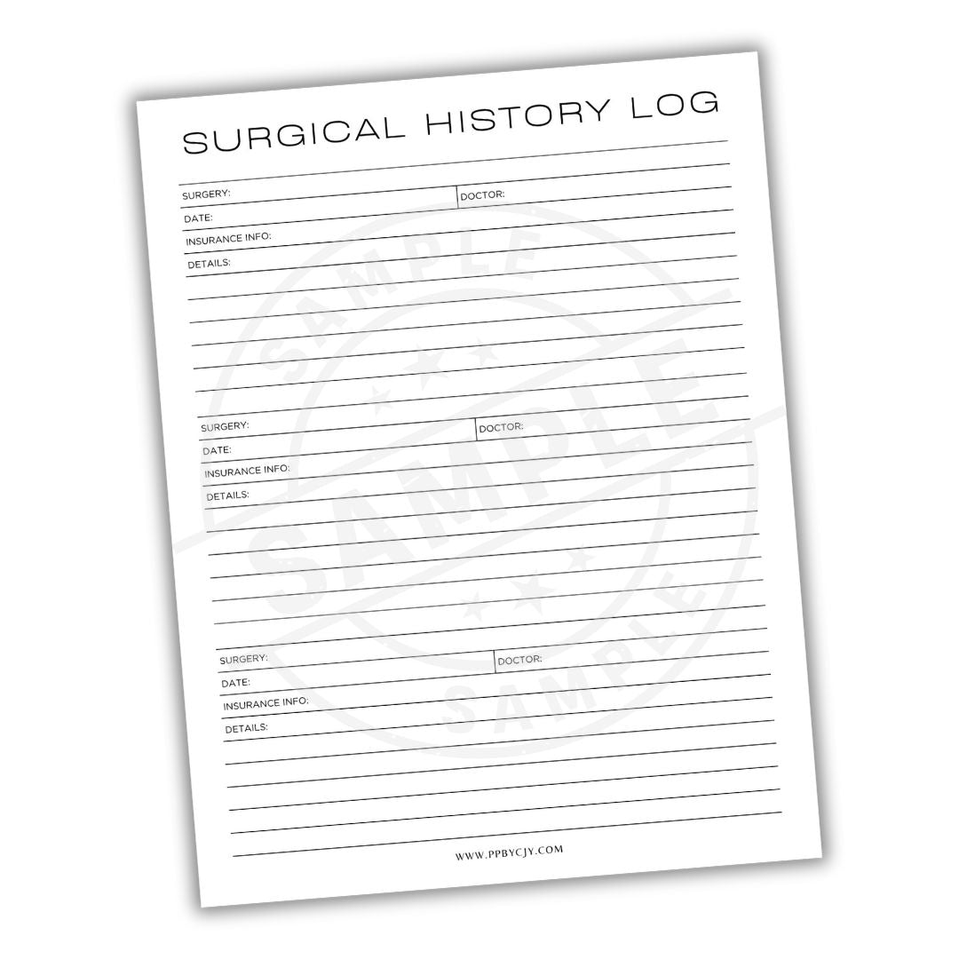 Surgical History Log sheet with columns for surgery details on a white background