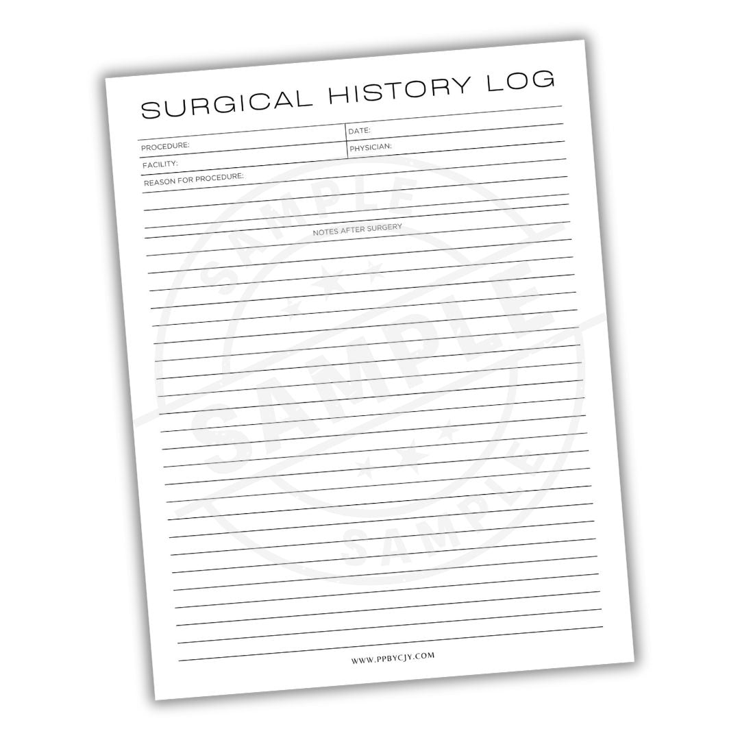 Surgical History Log sheet with columns for procedure, date, reason for procedure, and notes after surgery.