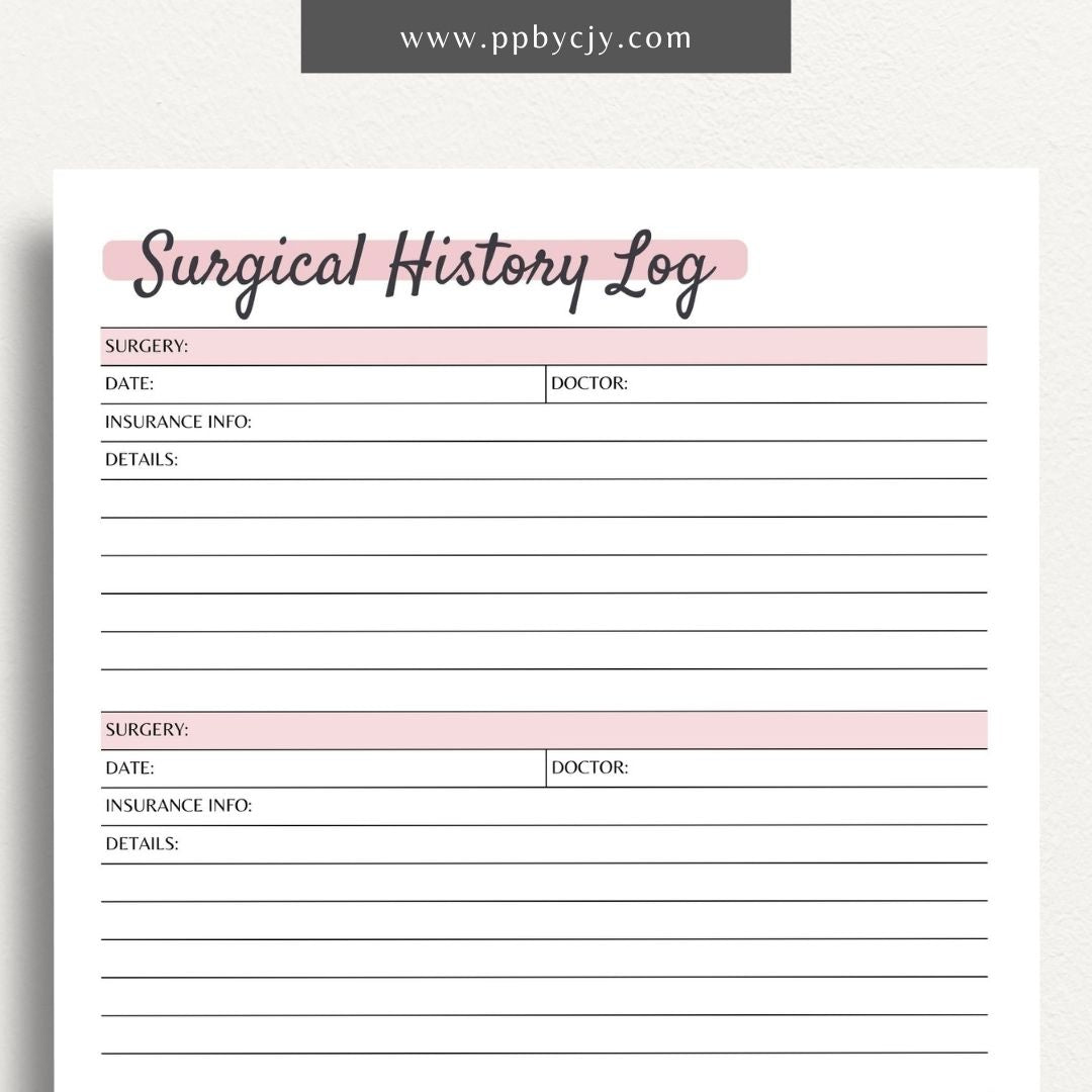 Surgical History Log Printable PDF Template