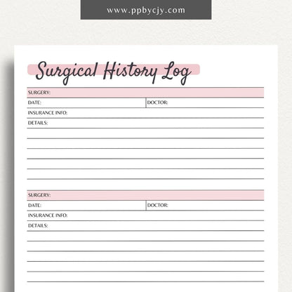 Surgical History Log Printable PDF Template