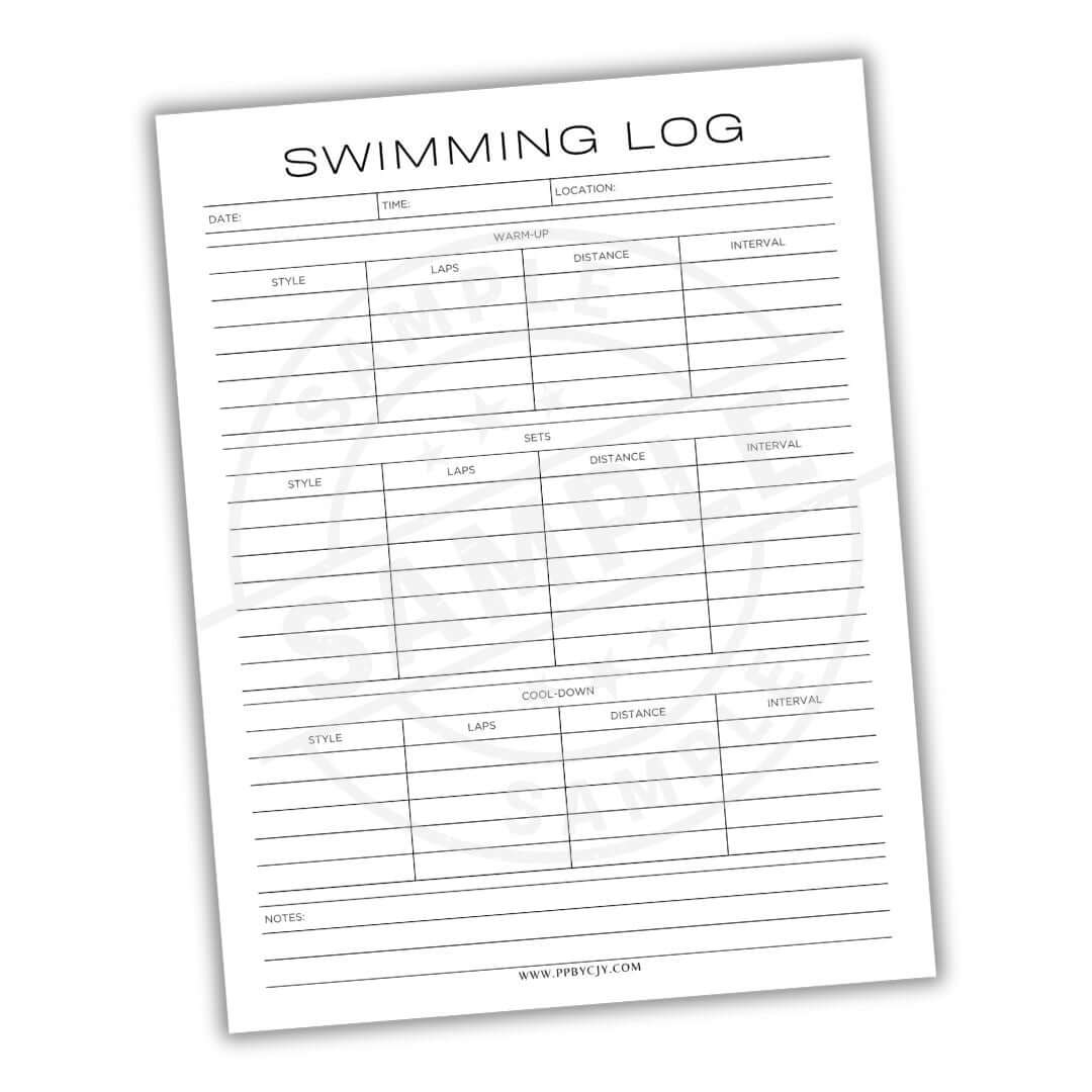Swimming log sheet with columns for date, time, style, laps, distance, and notes on a white background.