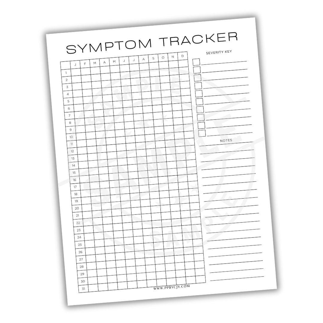 Symptom tracker sheet with grid and text on a white background
