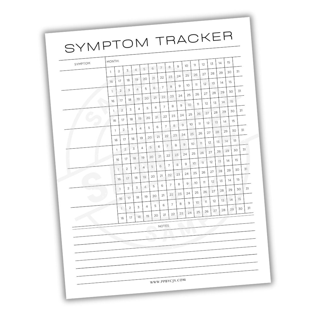 Symptom tracker sheet with a grid and space for notes on a white background