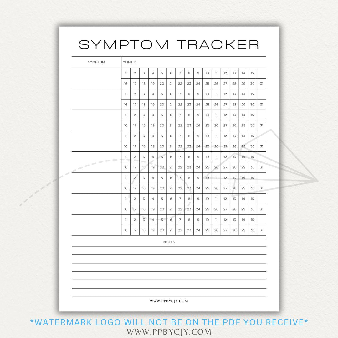 Health symptom tracker printable PDF template with sections for logging symptoms, severity, frequency, triggers, medications, and notes for doctor visits.

