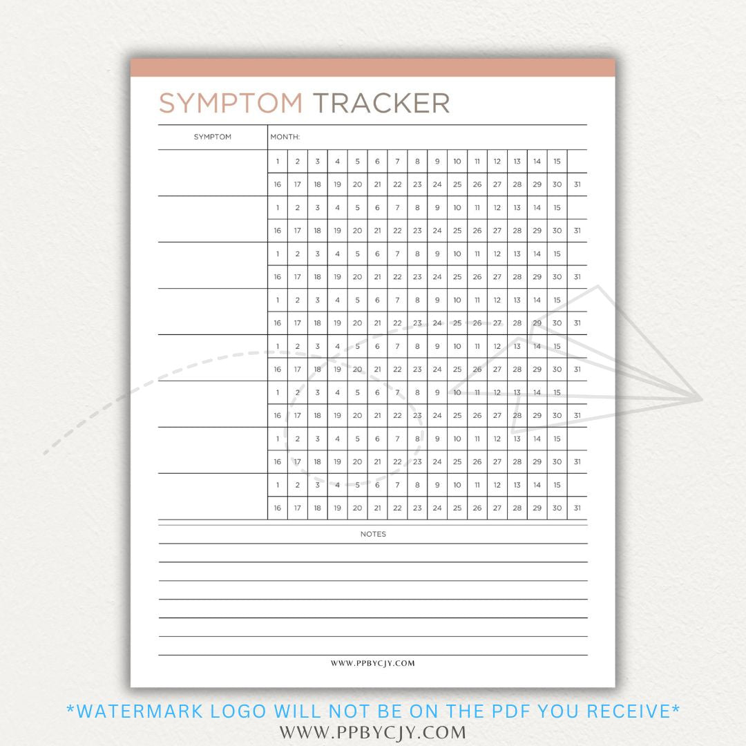 Health symptom tracker printable PDF template with sections for logging symptoms, severity, frequency, triggers, medications, and notes for doctor visits.

