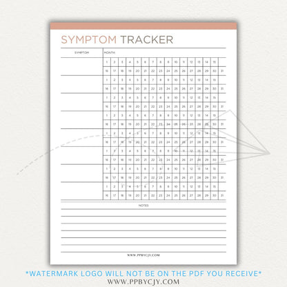 Health symptom tracker printable PDF template with sections for logging symptoms, severity, frequency, triggers, medications, and notes for doctor visits.

