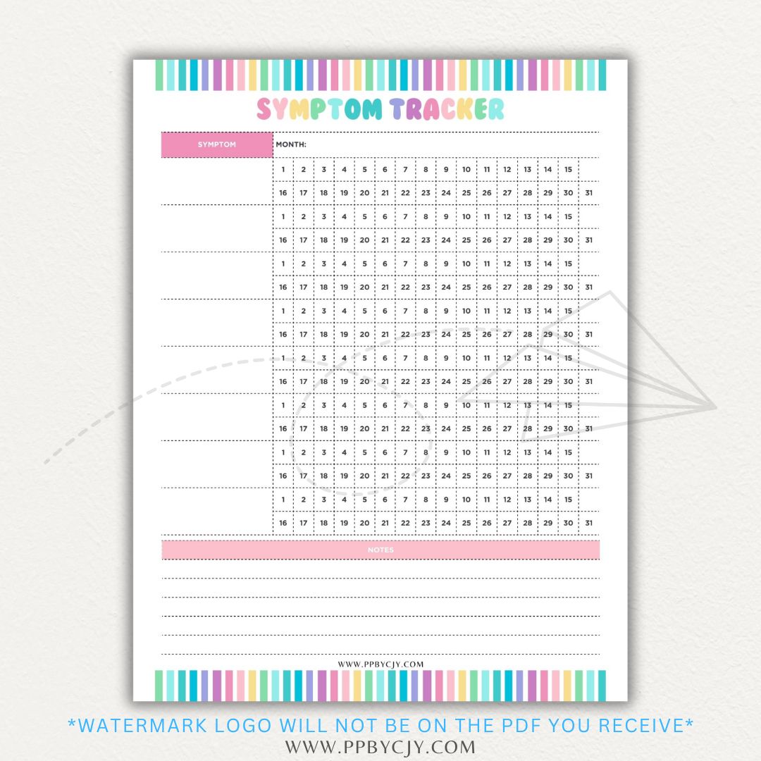 Health symptom tracker printable PDF template with sections for logging symptoms, severity, frequency, triggers, medications, and notes for doctor visits.

