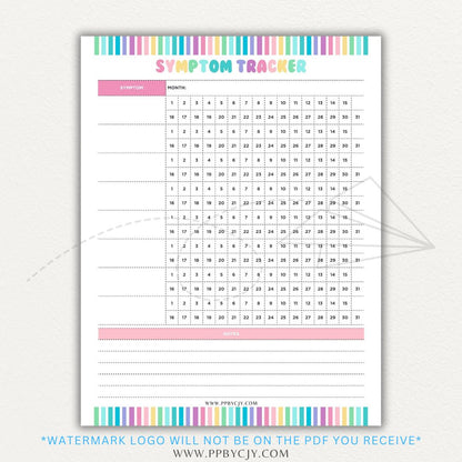 Health symptom tracker printable PDF template with sections for logging symptoms, severity, frequency, triggers, medications, and notes for doctor visits.

