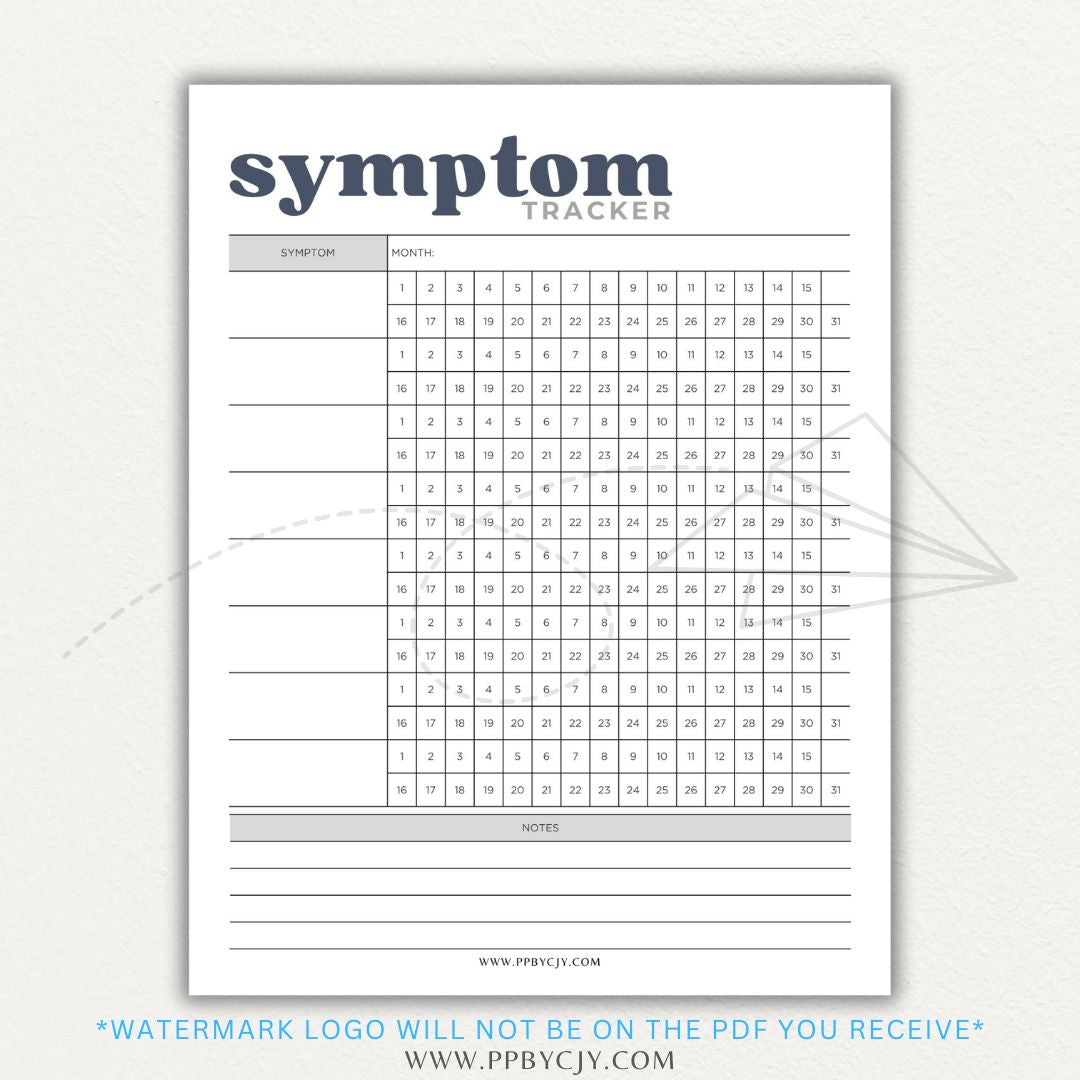 Health symptom tracker printable PDF template with sections for logging symptoms, severity, frequency, triggers, medications, and notes for doctor visits.

