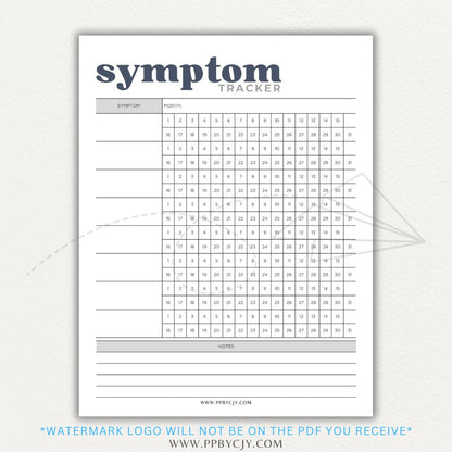 Health symptom tracker printable PDF template with sections for logging symptoms, severity, frequency, triggers, medications, and notes for doctor visits.

