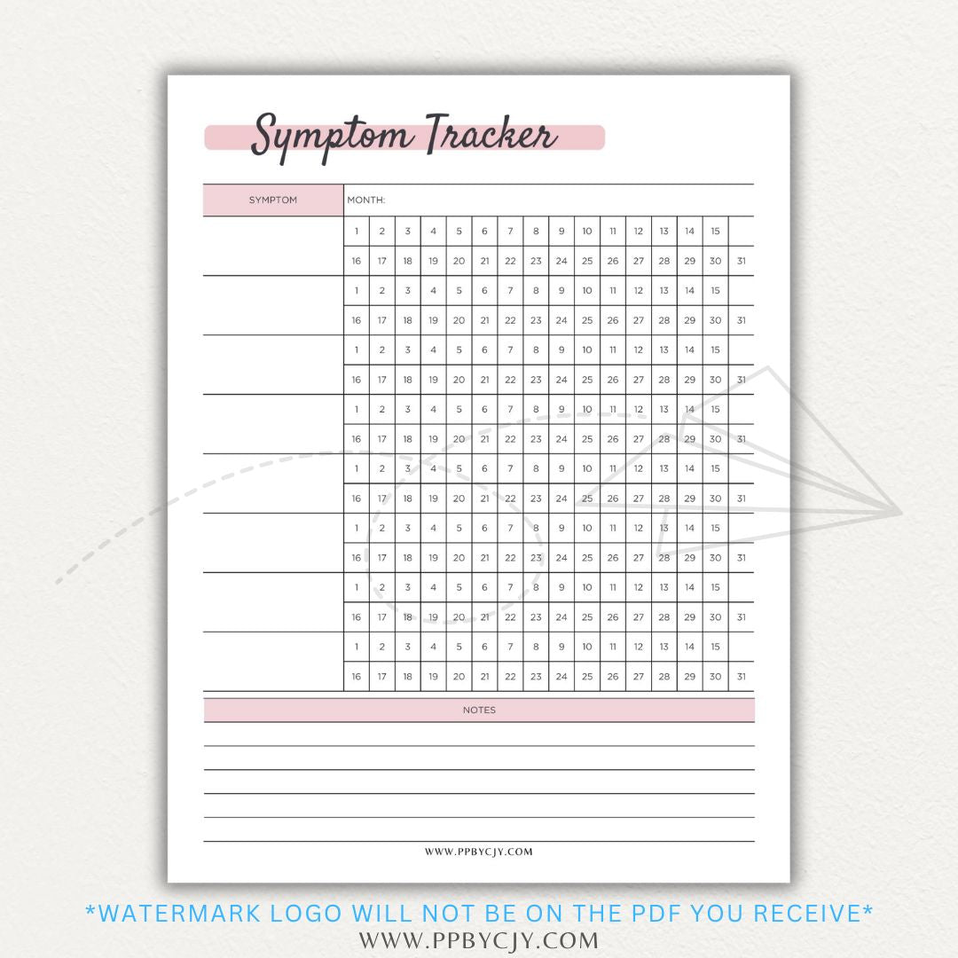 Health symptom tracker printable PDF template with sections for logging symptoms, severity, frequency, triggers, medications, and notes for doctor visits.

