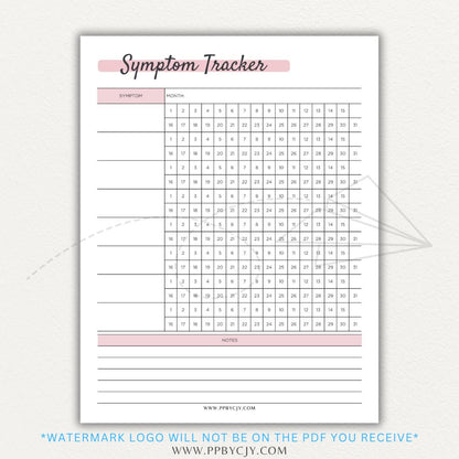 Health symptom tracker printable PDF template with sections for logging symptoms, severity, frequency, triggers, medications, and notes for doctor visits.

