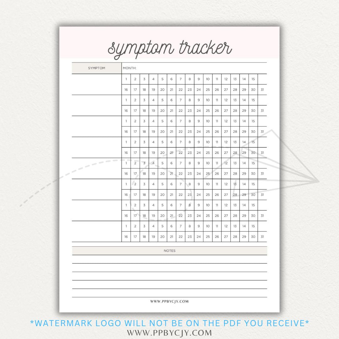 Health symptom tracker printable PDF template with sections for logging symptoms, severity, frequency, triggers, medications, and notes for doctor visits.

