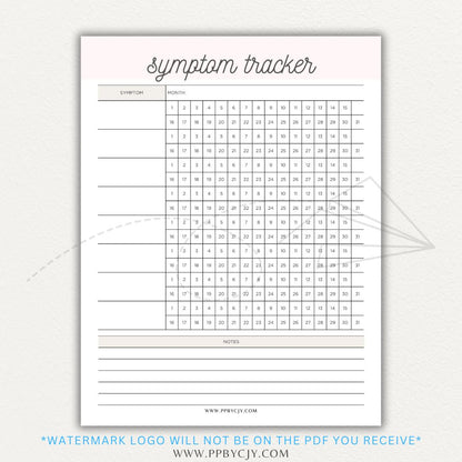 Health symptom tracker printable PDF template with sections for logging symptoms, severity, frequency, triggers, medications, and notes for doctor visits.

