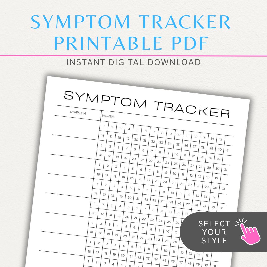 Health symptom tracker printable PDF template with sections for logging symptoms, severity, frequency, triggers, medications, and notes for doctor visits.

