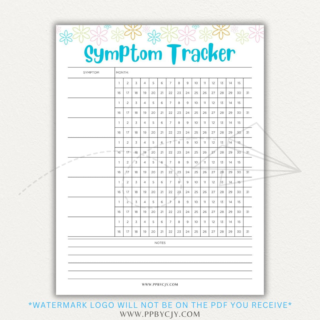 Health symptom tracker printable PDF template with sections for logging symptoms, severity, frequency, triggers, medications, and notes for doctor visits.

