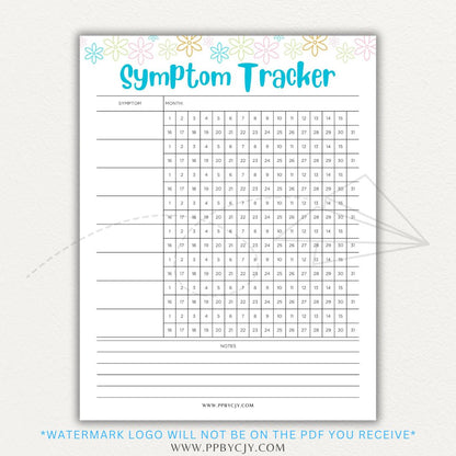 Health symptom tracker printable PDF template with sections for logging symptoms, severity, frequency, triggers, medications, and notes for doctor visits.

