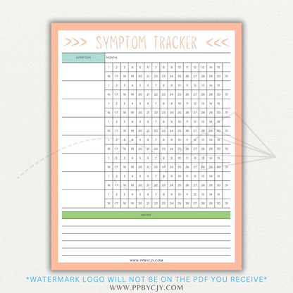 Health symptom tracker printable PDF template with sections for logging symptoms, severity, frequency, triggers, medications, and notes for doctor visits.

