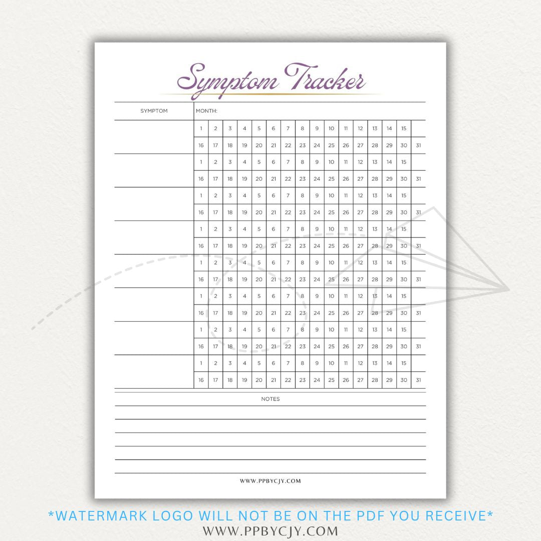 Health symptom tracker printable PDF template with sections for logging symptoms, severity, frequency, triggers, medications, and notes for doctor visits.

