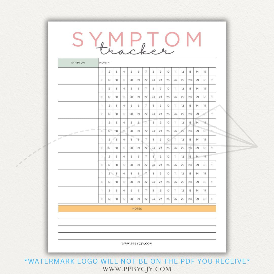 Health symptom tracker printable PDF template with sections for logging symptoms, severity, frequency, triggers, medications, and notes for doctor visits.

