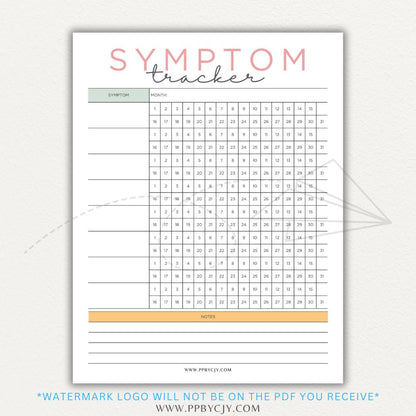 Health symptom tracker printable PDF template with sections for logging symptoms, severity, frequency, triggers, medications, and notes for doctor visits.

