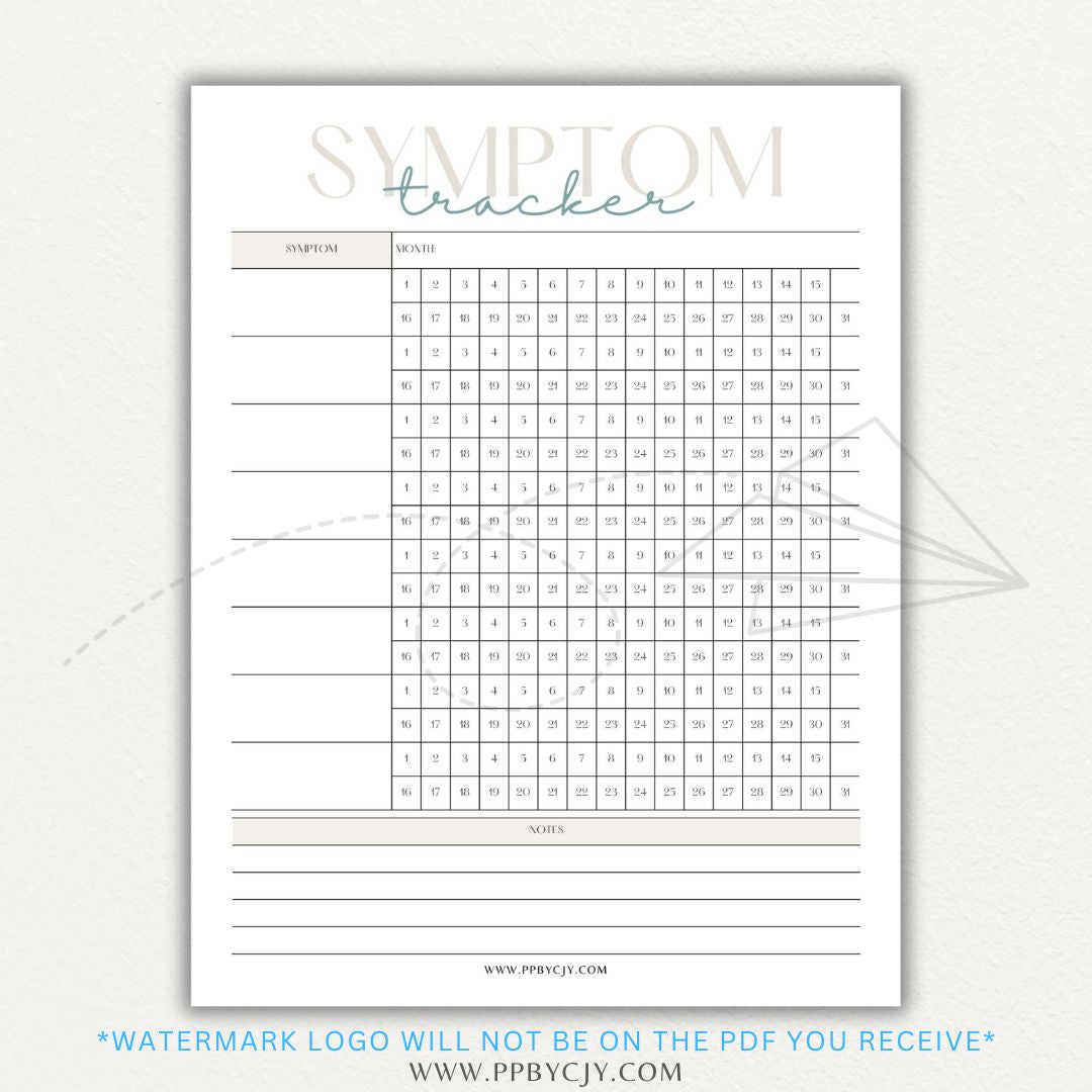 Health symptom tracker printable PDF template with sections for logging symptoms, severity, frequency, triggers, medications, and notes for doctor visits.

