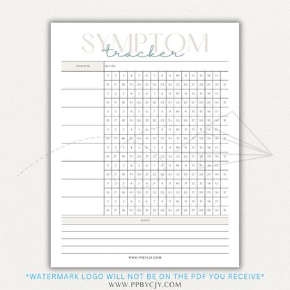 Health symptom tracker printable PDF template with sections for logging symptoms, severity, frequency, triggers, medications, and notes for doctor visits.

