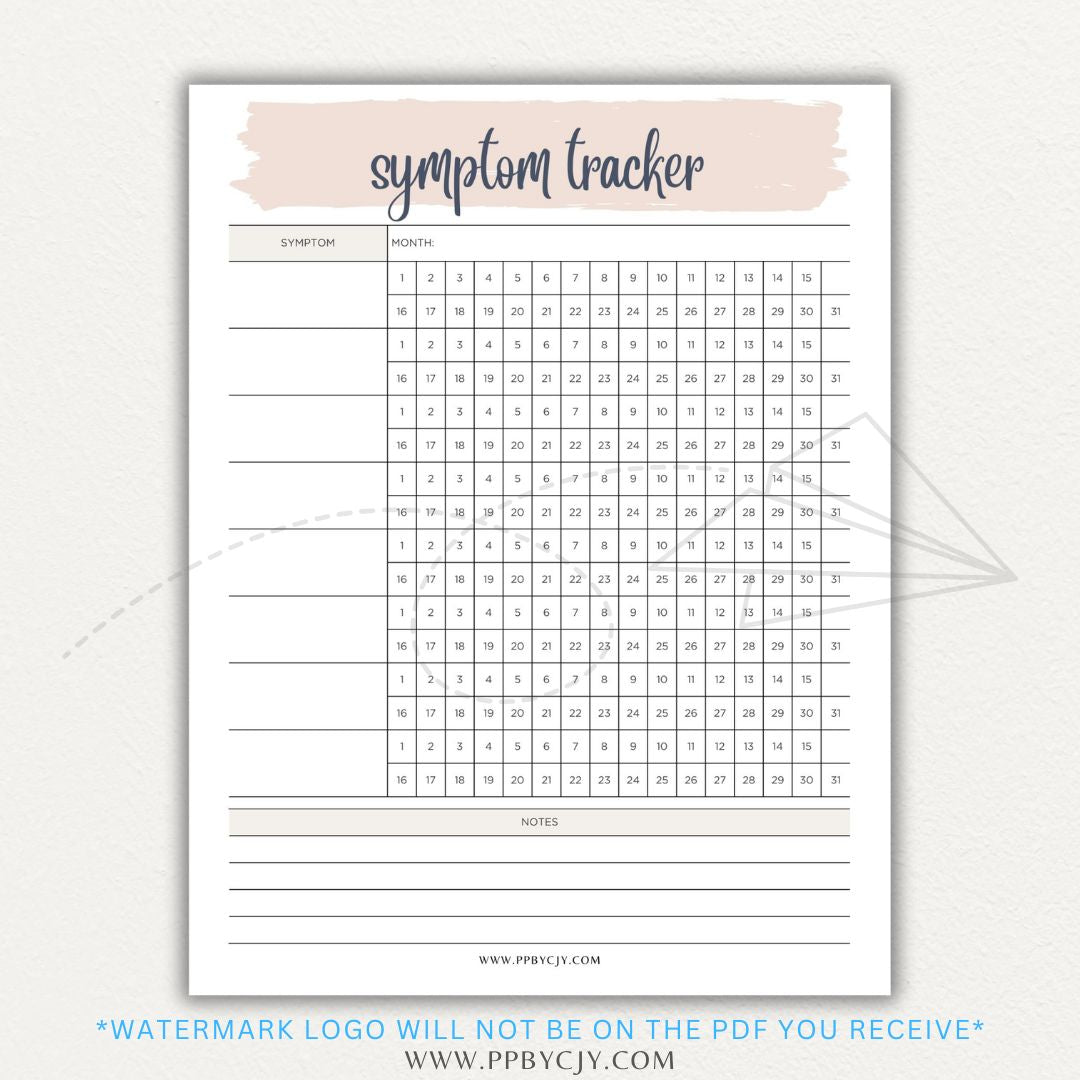 Health symptom tracker printable PDF template with sections for logging symptoms, severity, frequency, triggers, medications, and notes for doctor visits.

