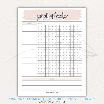 Health symptom tracker printable PDF template with sections for logging symptoms, severity, frequency, triggers, medications, and notes for doctor visits.

