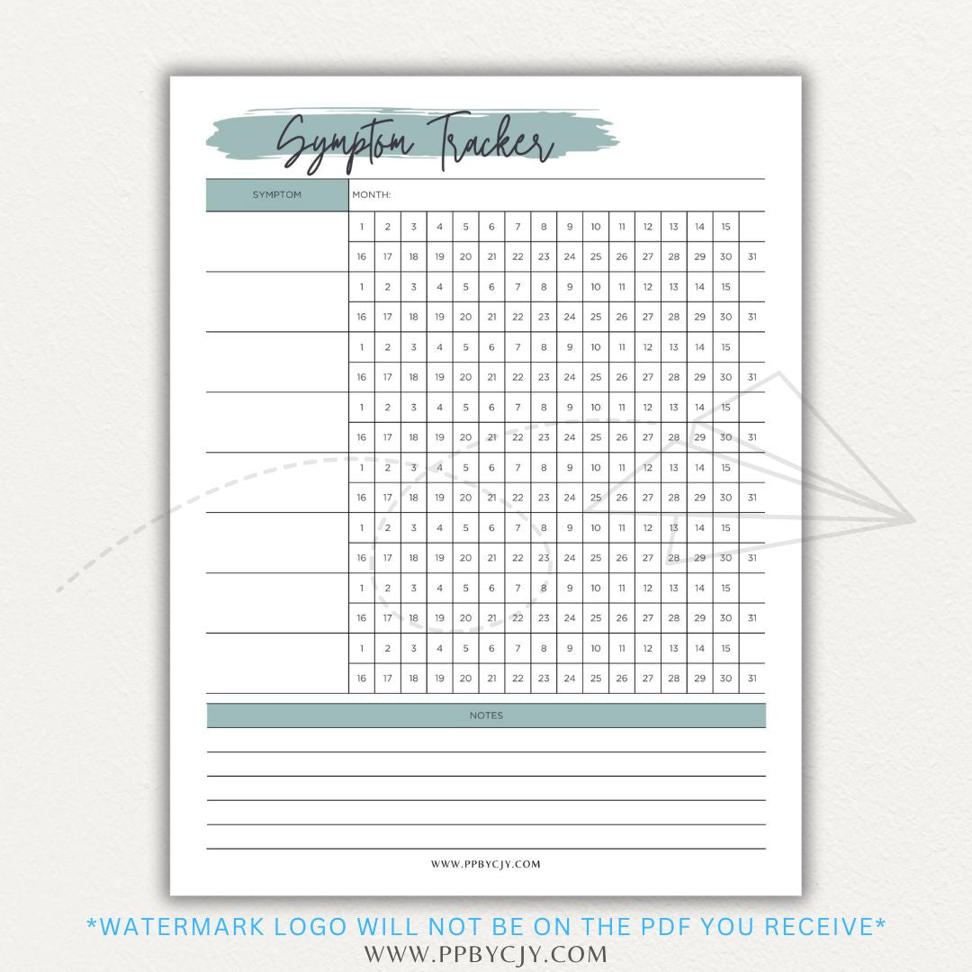 Health symptom tracker printable PDF template with sections for logging symptoms, severity, frequency, triggers, medications, and notes for doctor visits.

