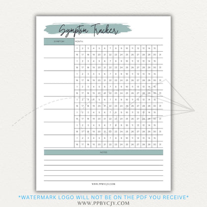 Health symptom tracker printable PDF template with sections for logging symptoms, severity, frequency, triggers, medications, and notes for doctor visits.

