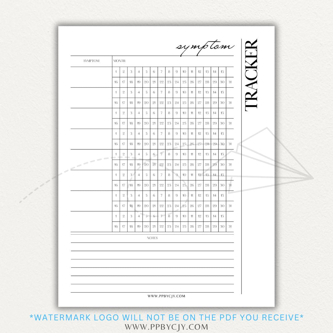 Health symptom tracker printable PDF template with sections for logging symptoms, severity, frequency, triggers, medications, and notes for doctor visits.

