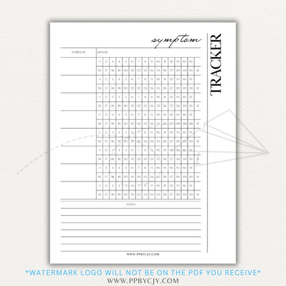 Health symptom tracker printable PDF template with sections for logging symptoms, severity, frequency, triggers, medications, and notes for doctor visits.


