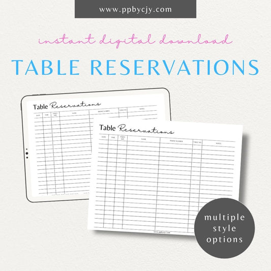 Table Reservation Printable Template – Digital download for organizing and managing reservations, including guest details, reservation times, and special requests