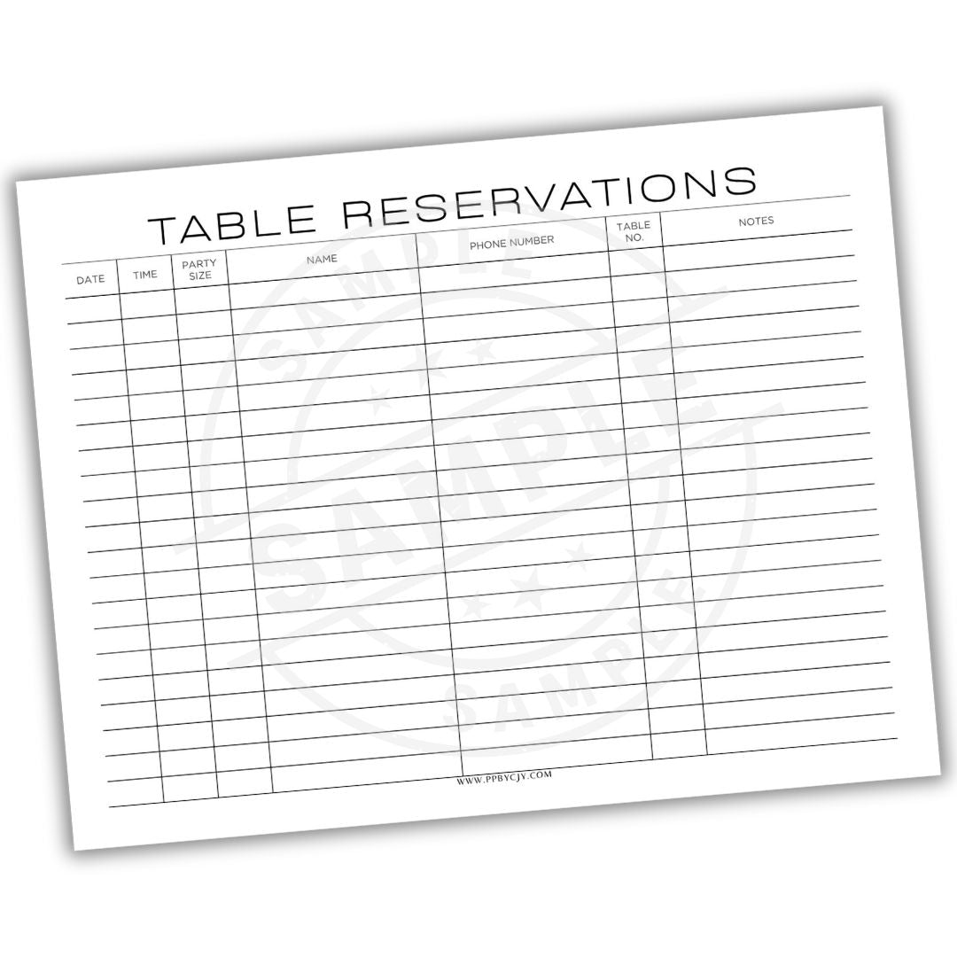 Table reservations sheet with columns for date, time, party size, name, phone number, and notes.