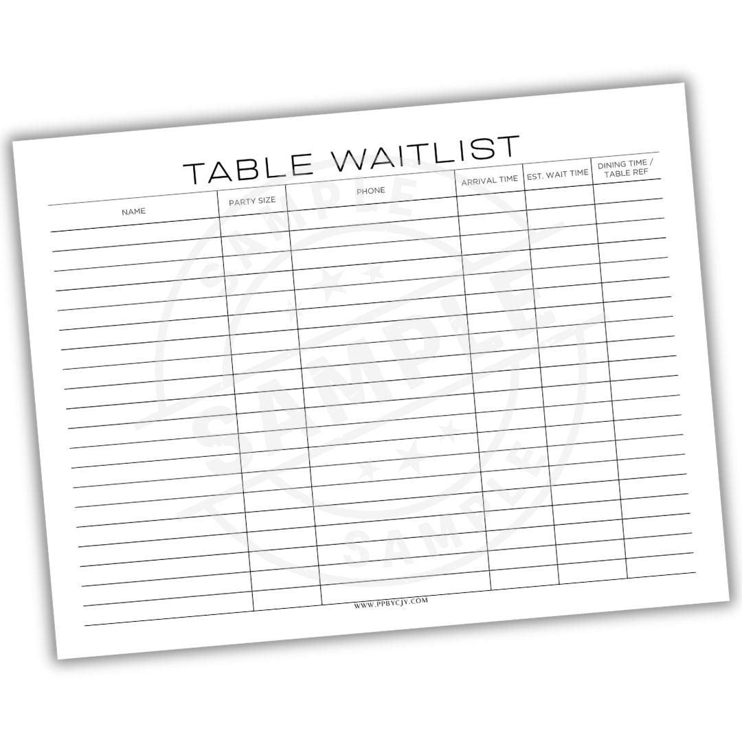 Table waitlist form with columns for name, party size, phone number, arrival time, estimated wait time, and table rep.