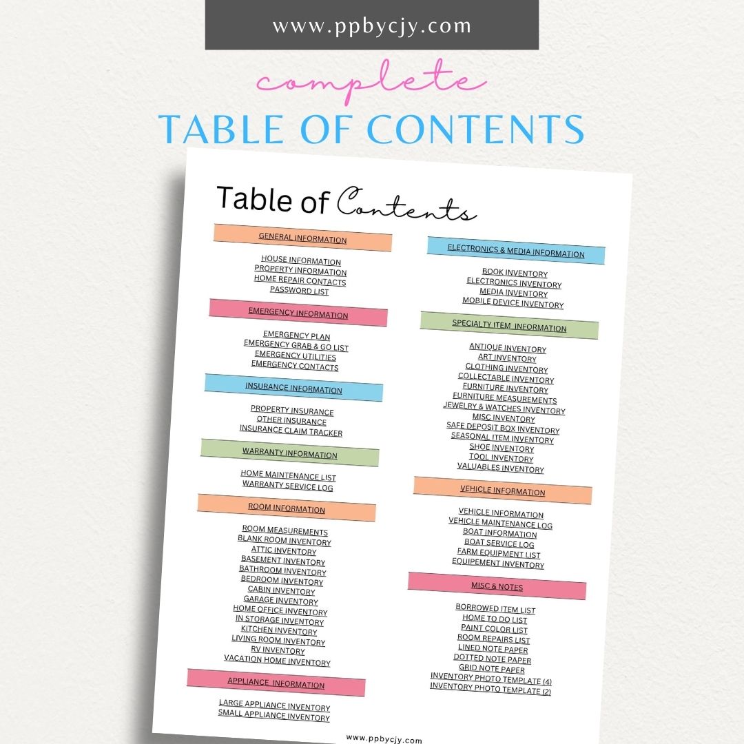 Home Inventory Bundle Printable Template – Digital download featuring a set of tools for comprehensive cataloging and managing your home inventory.