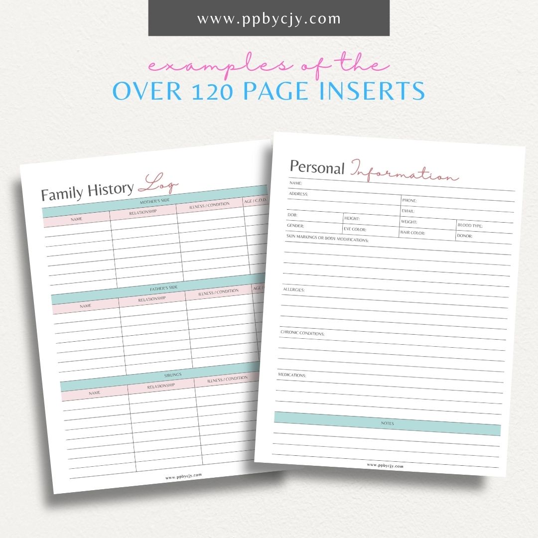 Medical Information Printable Planner – Digital download featuring interactive pages for organizing and tracking personal medical details, health records, and appointments.