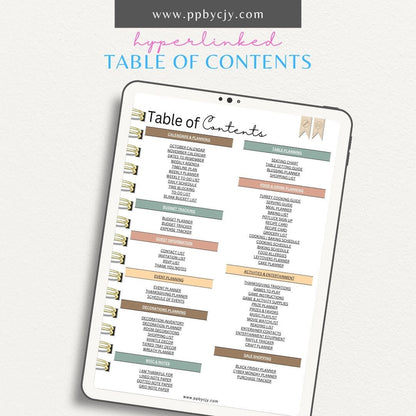 Thanksgiving Digital Planner Printable Template – Digital download for organizing and managing Thanksgiving details, including meal plans, shopping lists, schedules, and activities