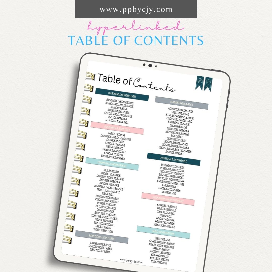 Candle Business Digital Planner Printable Template – Digital Download for Organizing and Managing Candle Business Activities and Goals