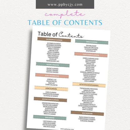 Thanksgiving Holiday Planner Printable Template – Digital download for organizing and managing all aspects of Thanksgiving, including meal planning, guest lists, decorations, and schedules