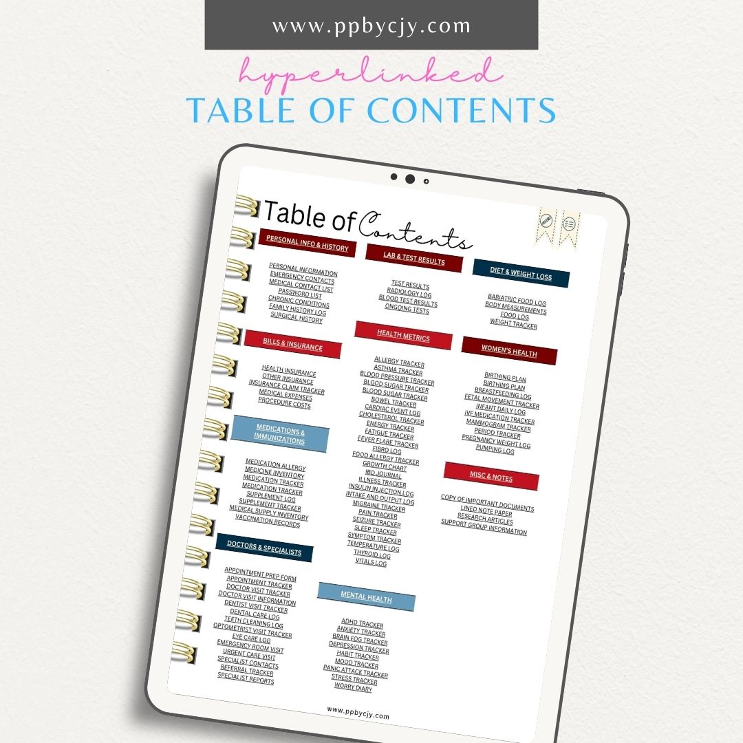 Personal Medical Digital Planner – Digital download featuring interactive pages for managing and tracking personal medical information, appointments, and health records.