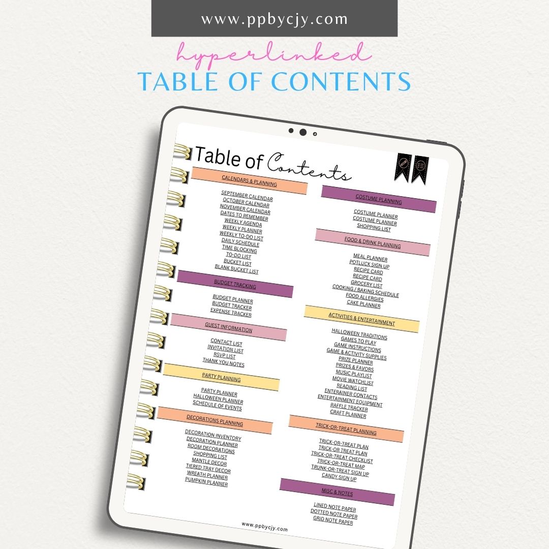 Halloween Digital Planner – Digital download featuring themed pages for organizing Halloween activities, events, and preparations.