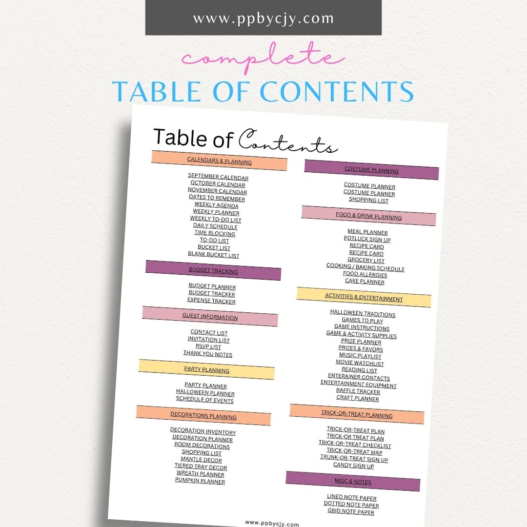 Halloween Holiday Planner Printable Template – Digital download for organizing and managing Halloween events, activities, and decorations.