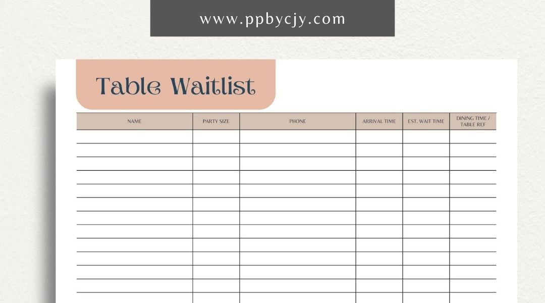 Table Wait List Printable Template – Digital download for tracking and managing customers waiting for a table, including names, wait times, and contact details