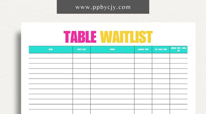 Table Wait List Printable Template – Digital download for tracking and managing customers waiting for a table, including names, wait times, and contact details