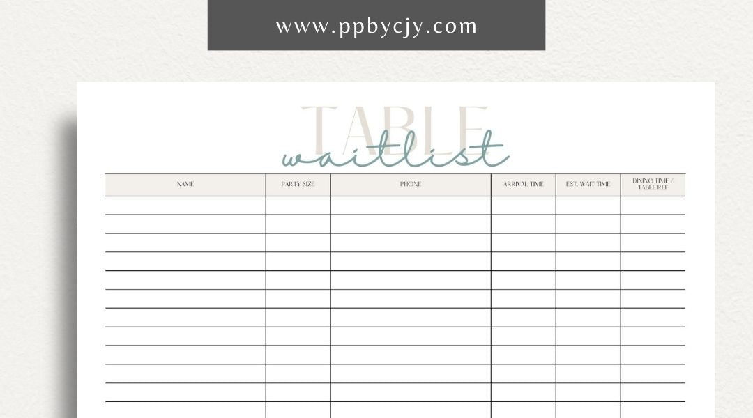 Table Wait List Printable Template – Digital download for tracking and managing customers waiting for a table, including names, wait times, and contact details